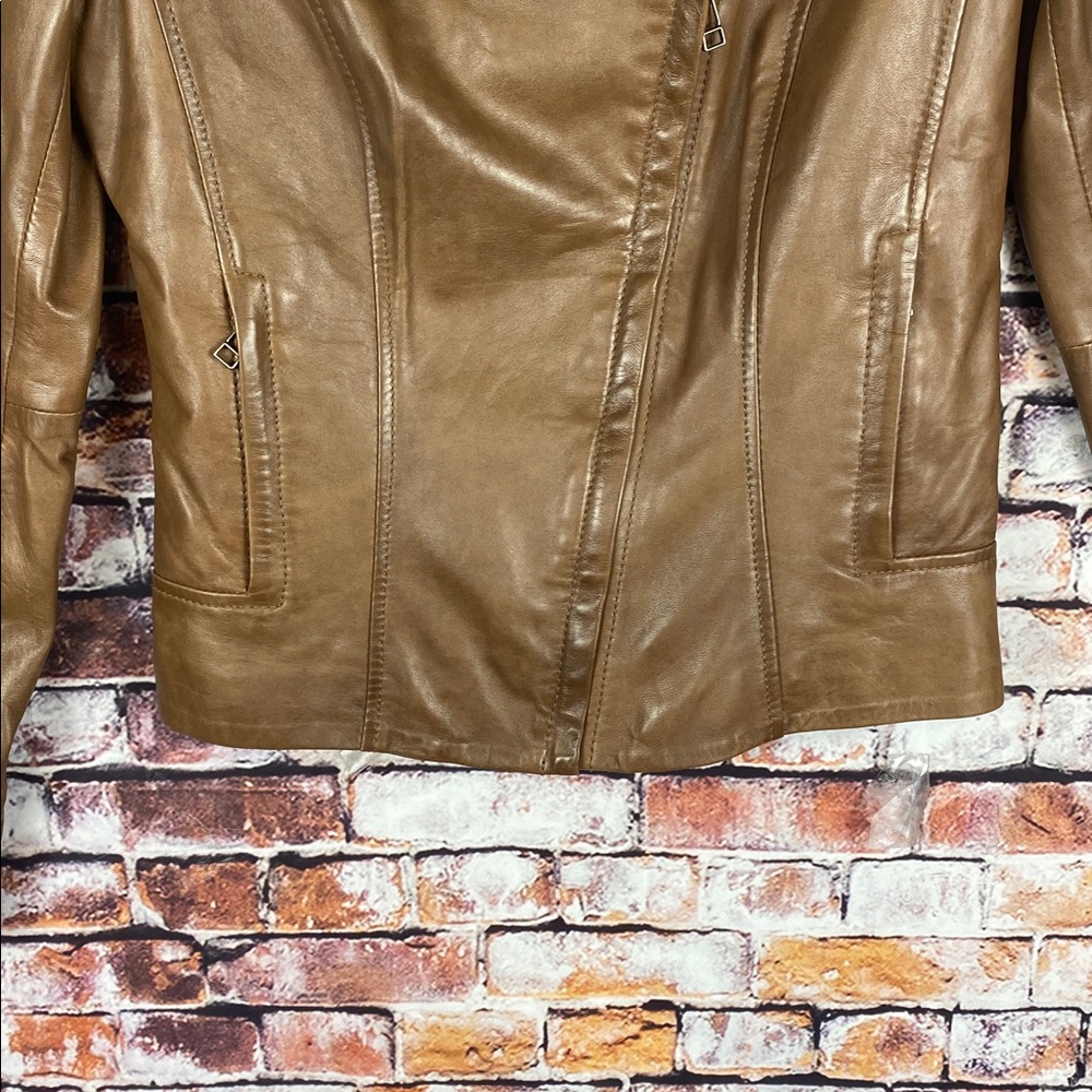 Danier Tan Brown Soft Classic genuine Leather Moto Biker Zip Up Jacket Sz S - Picture 6 of 17